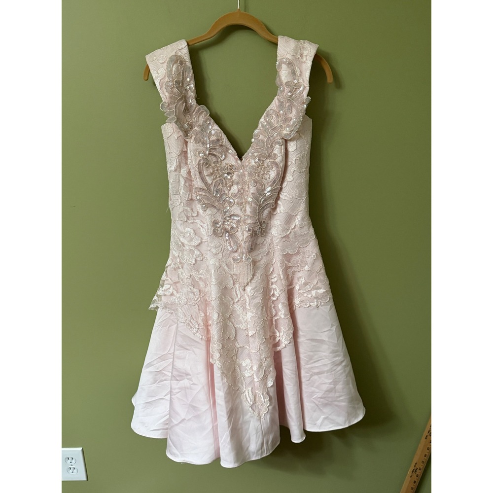 Vintage Karen Okada for Howard Pink Lace Sequin Pearl Formal Dress Size 10 169V